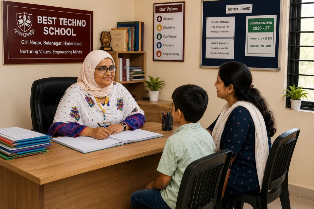 Parent and student meeting school staff for admission enquiry at Best Techno School in Balanagar Hyderabad