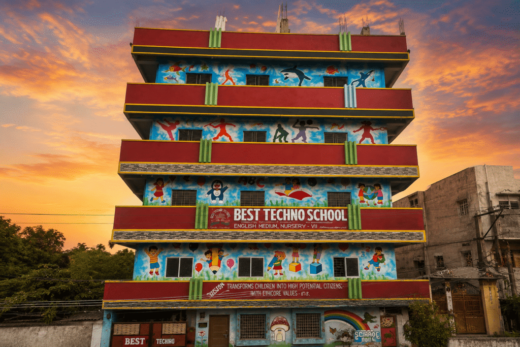 Front view of Best Techno School campus building in Balanagar featuring colorful educational artwork, modern infrastructure, and a vibrant learning environment for students.