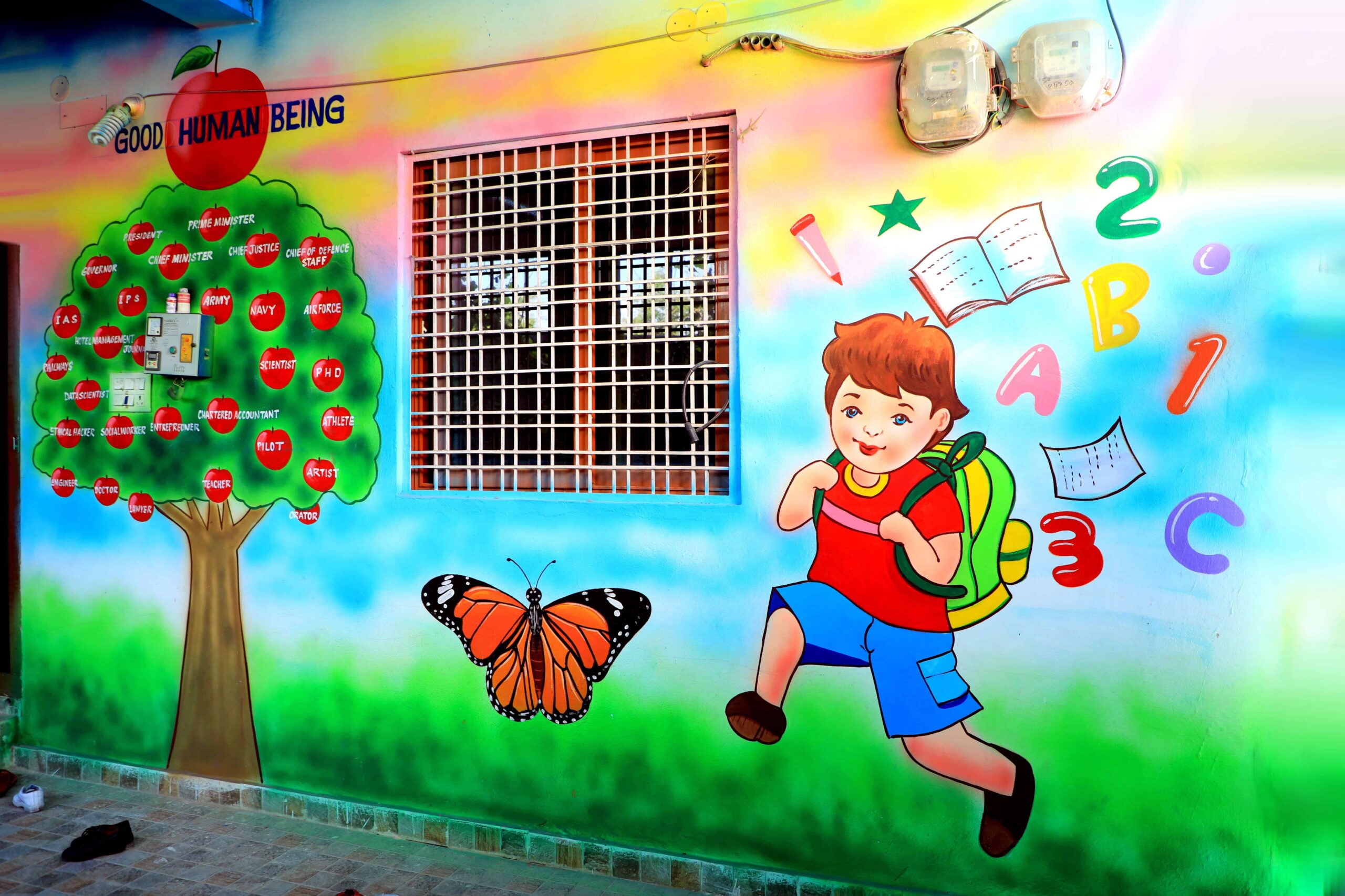 Bright educational wall paintings at Best Techno School featuring learning concepts, career aspirations, alphabet illustrations, and child-friendly artwork that creates an engaging learning environment.