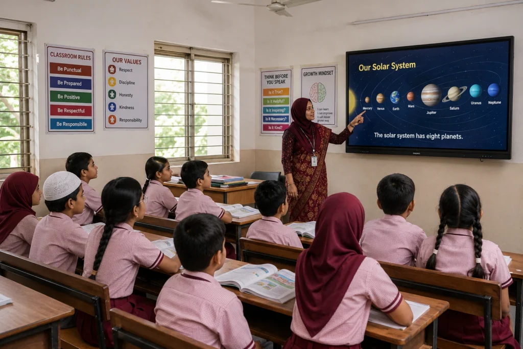 Smart TV enabled classroom for digital learning at Best Techno School Hyderabad